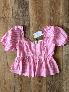 VICI Pink Gingham Puff Sleeve Peplum Top